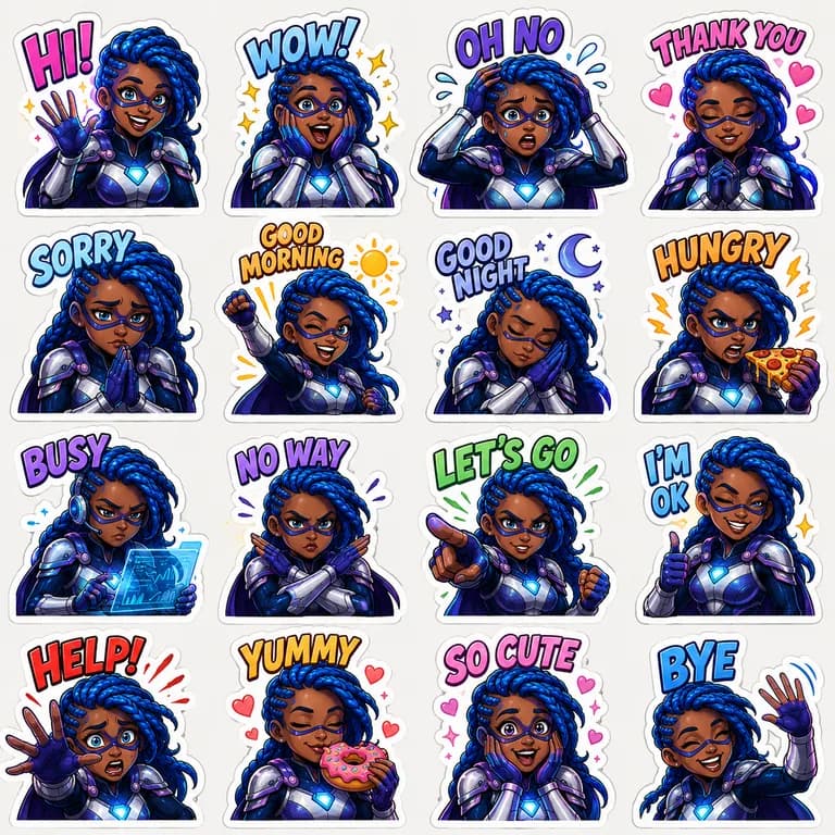 Generated 4 by 4 neon hero character sticker sheet