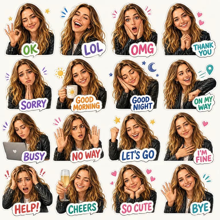 Generated 4 by 4 selfie sticker sheet for a woman at a cafe