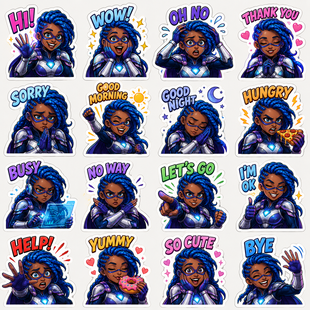 Generated 4 by 4 neon hero character sticker sheet
