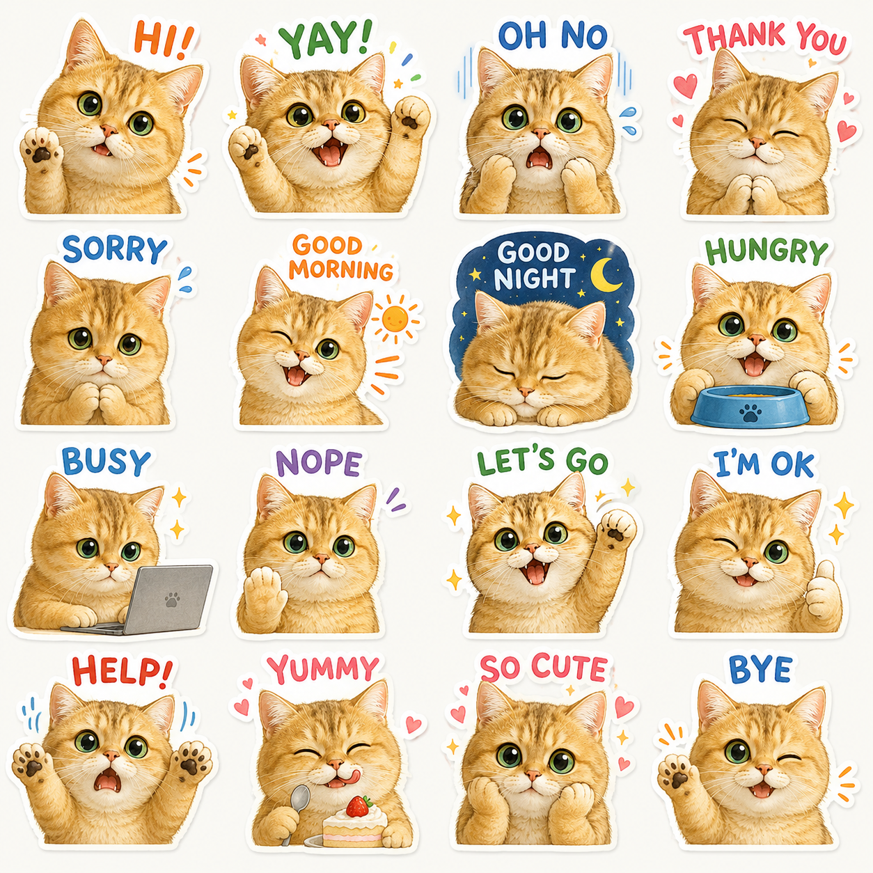 Generated 4 by 4 cat sticker sheet