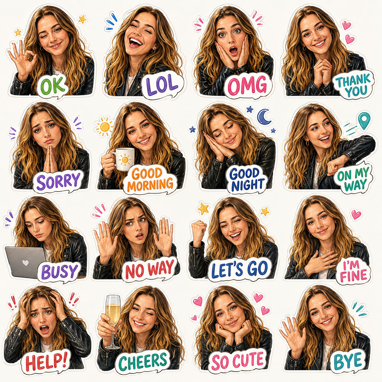 Generated 4 by 4 selfie sticker sheet for a woman at a cafe
